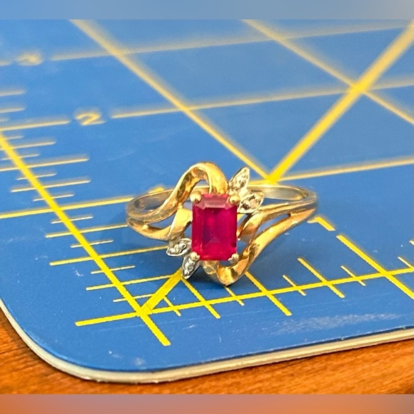 Vintage 10K Gold, Lab Created Ruby, and Diamond Ring Size 8 - Picture 3 of 9
